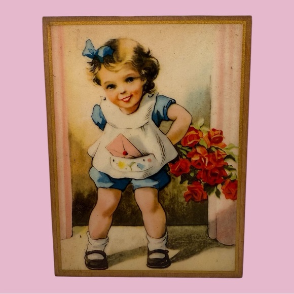 Other - Vintage 1930s 1940s Plaque Little Girl Red Roses Pink Envelope